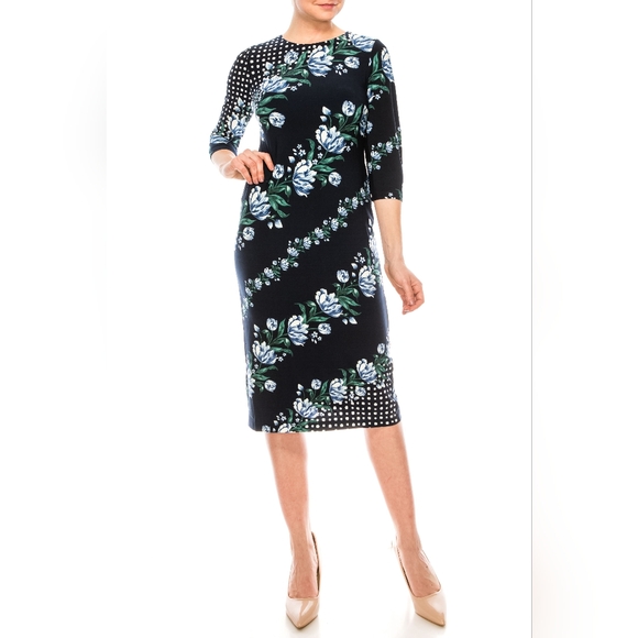 Maggy London Navy Blue Multi Print Sheath Dress - Picture 1 of 5